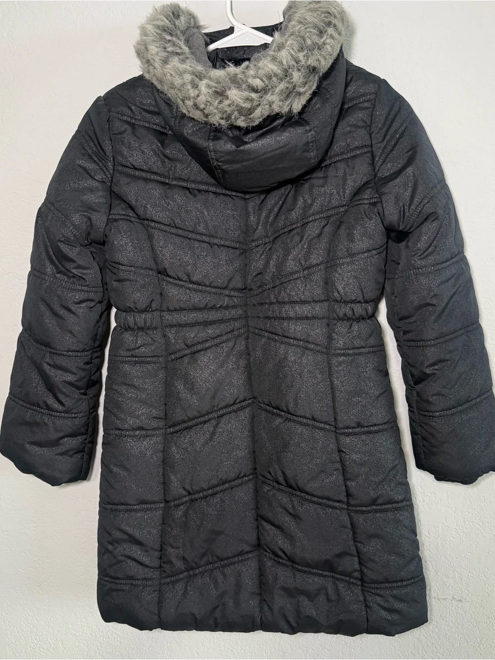 Calvin Klein Jeans Girls Size M 8/10 Black Shimmer Hooded Long Puffer Coat